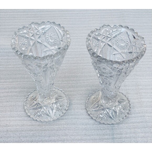 2 VTG EAPG Imperial Glass Vases  Starburst Pattern Clear Pressed Glass Heavy EUC - Picture 2 of 8